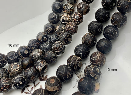 8mm 10 mm 12 mm AAA DZI Tibetan Agate Faceted Round Black Etched Agate Gemstone Matte Football Mala Antique Boho Beads 14 Inches #3034