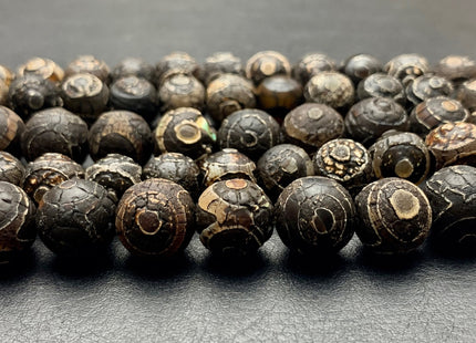 8mm 10 mm 12 mm AAA DZI Tibetan Agate Faceted Round Black Etched Agate Gemstone Matte Football Mala Antique Boho Beads 14 Inches #3034