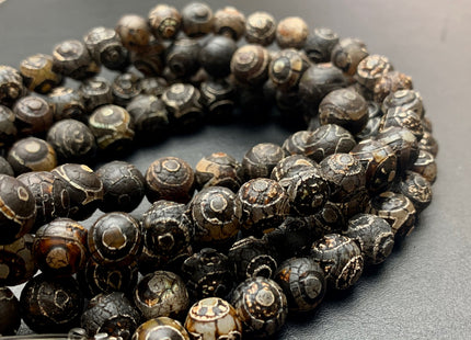 8mm 10 mm 12 mm AAA DZI Tibetan Agate Faceted Round Black Etched Agate Gemstone Matte Football Mala Antique Boho Beads 14 Inches #3034
