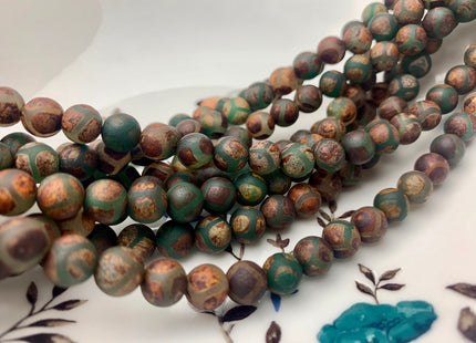 8mm 10mm DZI Tibetan Agate Faceted Round Dark Brown And Green Etched Agate Gemstone Matte Football Mala Antique Boho Beads 15 Inches #3045