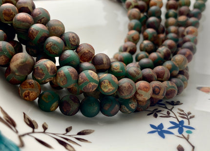 8mm 10mm DZI Tibetan Agate Faceted Round Dark Brown And Green Etched Agate Gemstone Matte Football Mala Antique Boho Beads 15 Inches #3045
