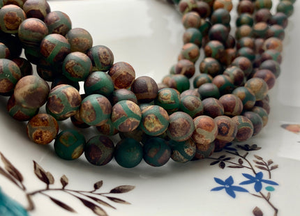 8mm 10mm DZI Tibetan Agate Faceted Round Dark Brown And Green Etched Agate Gemstone Matte Football Mala Antique Boho Beads 15 Inches #3045