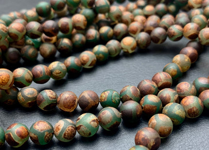 8mm 10mm DZI Tibetan Agate Faceted Round Dark Brown And Green Etched Agate Gemstone Matte Football Mala Antique Boho Beads 15 Inches #3045