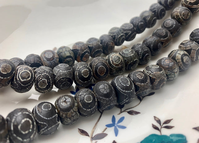 10x14 mm AAA DZI Tibetan Agate Faceted Drum Shape Black Color Eye Agate Gemstone Mala Antique Boho Beads 13.5 Inches 34 Pieces #3043