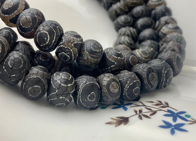 10x14 mm AAA DZI Tibetan Agate Faceted Drum Shape Black Color Eye Agate Gemstone Mala Antique Boho Beads 13.5 Inches 34 Pieces #3043