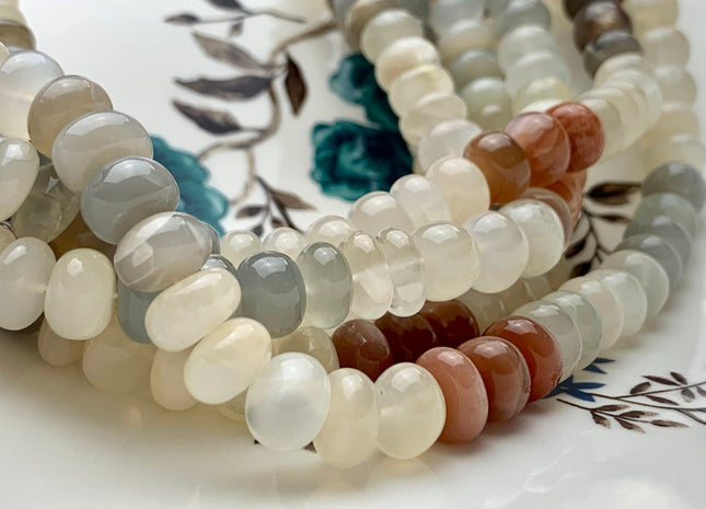 8-10 mm Multi Color MoonStone Smooth Rondelle Beads Natural Mixed White Peach Gray Chocolate Translucent Moonstone Beads 13 Inches #2931