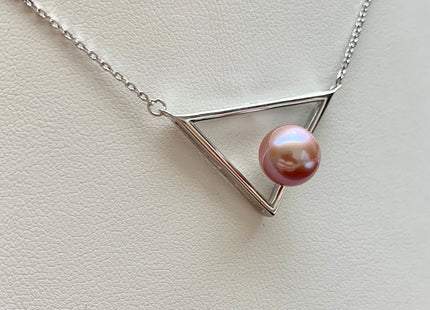 Genuine AAAA 8mm Natural Mauve Pink Round Freshwater Pearl With 925 Sterling Silver Chain Triangle Design Bridal Pearl Necklace #10034-A