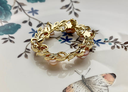 Genuine AAA Natural Freshwater Pearl Brooch Gold Color Floral Design Pendant With Carved MOP Flowers And Crystal Pearl Settings #10040