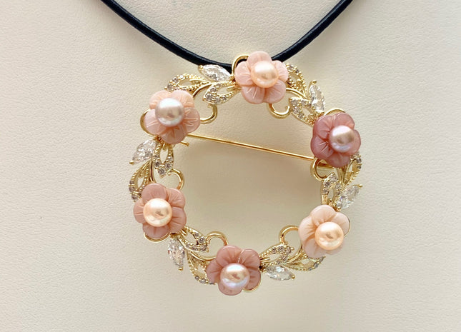Genuine AAA Natural Freshwater Pearl Brooch Gold Color Floral Design Pendant With Carved MOP Flowers And Crystal Pearl Settings #10040