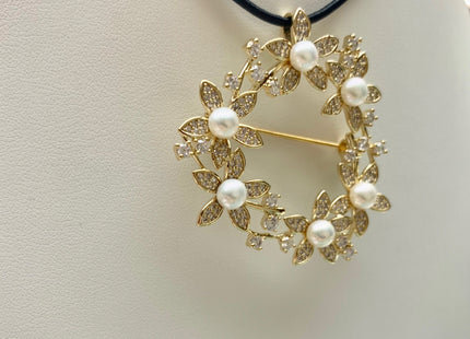 Genuine AAA Natural Freshwater Pearl Brooch Gold Color Flower Design Pendant With Carved MOP Flowers And Crystal Settings #10041