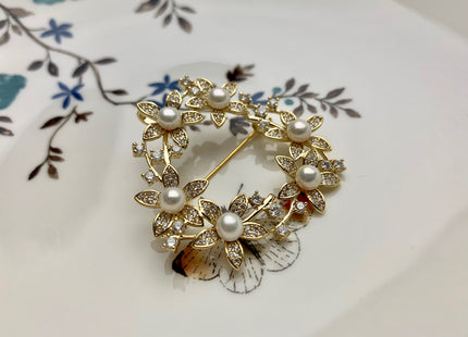 Genuine AAA Natural Freshwater Pearl Brooch Gold Color Flower Design Pendant With Carved MOP Flowers And Crystal Settings #10041