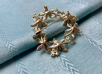 Genuine AAA Natural Freshwater Pearl Brooch Gold Color Flower Design Pendant With Carved MOP Flowers And Crystal Settings #10041