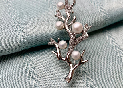 Genuine AAA Natural Freshwater Pearl Brooch Silver Color Tree Shape Design Pendant With Carved MOP Flowers And Crystal Pearl Settings #10043