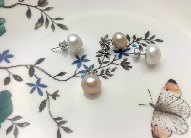 10-11.5 mm Genuine AAA Natural White Or Pink Freshwater Pearl Stud Earrings, .925 Sterling Silver Posts Pearl Earrings Bridal Jewelry #683