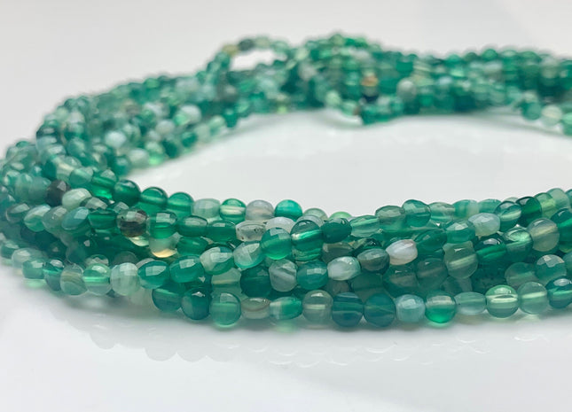 4mm Micro Faceted Diamond Cut Multi Green Color Agate Flat Coin Disc Shape Genuine Agate Gemstone Beads 15.5 Inches Strand #3057