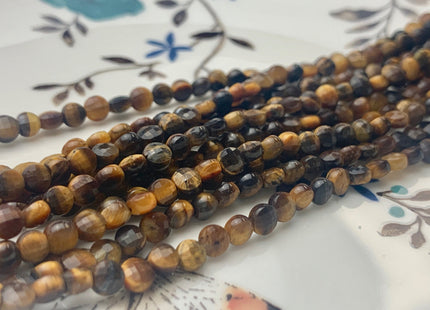 4mm Micro Faceted Diamond Cut Yellow Color Tiger Eye Flat Coin Disc Shape Genuine Tiger Eye Gemstone Beads 15.5 Inches Strand #3058