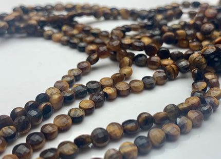4mm Micro Faceted Diamond Cut Yellow Color Tiger Eye Flat Coin Disc Shape Genuine Tiger Eye Gemstone Beads 15.5 Inches Strand #3058