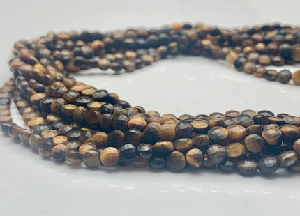 4mm Micro Faceted Diamond Cut Yellow Color Tiger Eye Flat Coin Disc Shape Genuine Tiger Eye Gemstone Beads 15.5 Inches Strand #3058