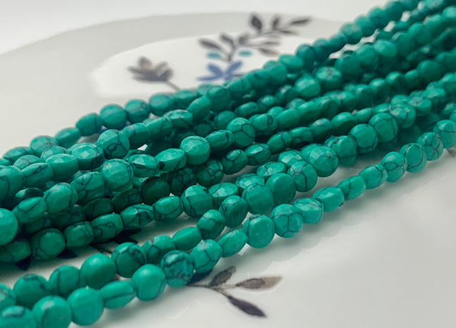 4mm Micro Faceted Diamond Cut Turquoise Color Turquoise Flat Coin Disc Shape Turquoise Gemstone Beads 15.5 Inches Strand #3065