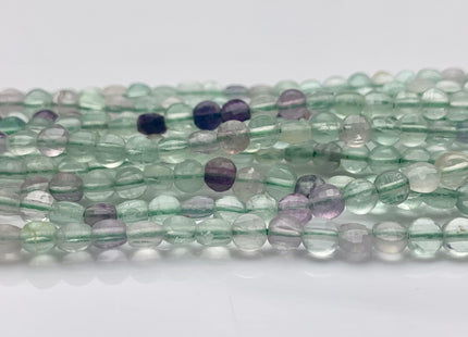 4mm Micro Faceted Diamond Cut Translucent Multi Color Fluorite Flat Coin Disc Shape Genuine Fluorite Gemstone Beads 15.5 Inches Strand #3070
