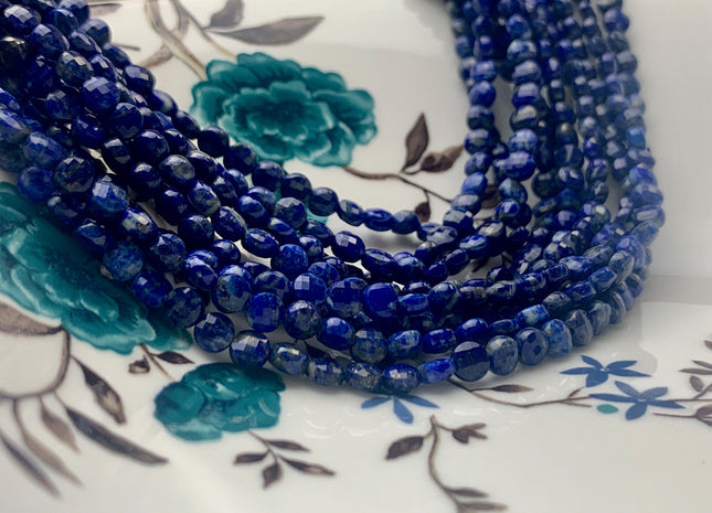 4mm Micro Faceted Diamond Cut Blue Color Lapis Flat Coin Disc Shape Genuine Lapis Gemstone Beads 15.5 Inches Strand #3073