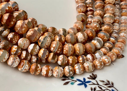 8 mm 10 mm AAA DZI Tibetan Agate Faceted Round Brown And White Color Tibetan Agate Gemstone Loose Beads 15 Inches Strand #2785