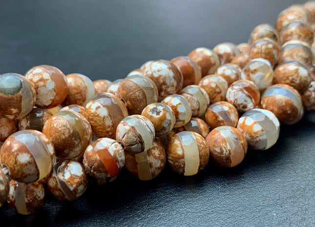 8 mm 10 mm AAA DZI Tibetan Agate Faceted Round Brown And White Color Tibetan Agate Gemstone Loose Beads 15 Inches Strand #2785