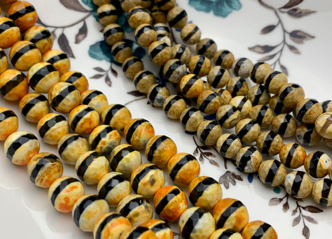8 mm 10 mm AAA DZI Tibetan Agate Faceted Round Black And Orange Color Tibetan Agate Gemstone Loose Beads 15 Inches Strand #3020
