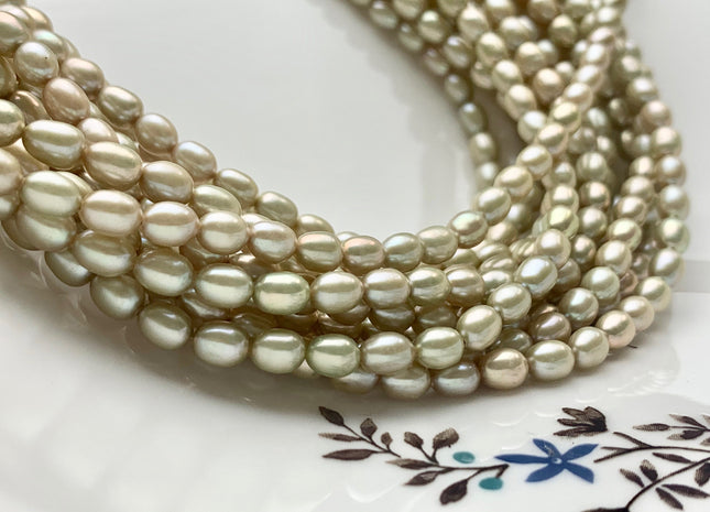4.5x6 mm AAA Pale Sage Green Color Rice/Oval Freshwater Pearl Beads Smooth Lustrous Pearls #P1038
