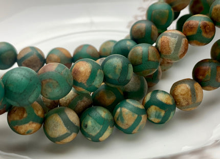 10 mm AAA DZI Tibetan Agate Faceted Round Brown Green Etched Agate Gemstone Matte Football Mala Antique Boho Beads 15 Inches #3031