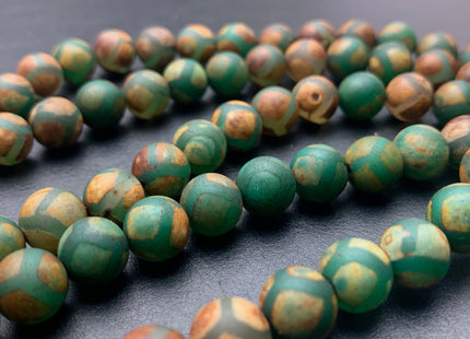 10 mm AAA DZI Tibetan Agate Faceted Round Brown Green Etched Agate Gemstone Matte Football Mala Antique Boho Beads 15 Inches #3031