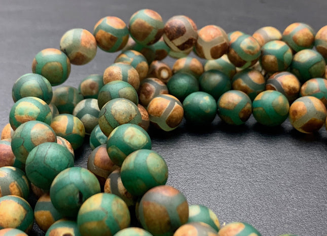 10 mm AAA DZI Tibetan Agate Faceted Round Brown Green Etched Agate Gemstone Matte Football Mala Antique Boho Beads 15 Inches #3031