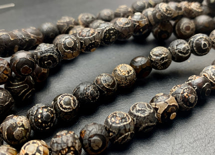8mm 10 mm 12 mm AAA DZI Tibetan Agate Faceted Round Black Etched Agate Gemstone Matte Football Mala Antique Boho Beads 14 Inches #3034