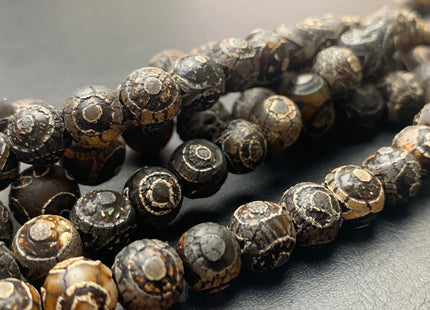 8mm 10 mm 12 mm AAA DZI Tibetan Agate Faceted Round Black Etched Agate Gemstone Matte Football Mala Antique Boho Beads 14 Inches #3034