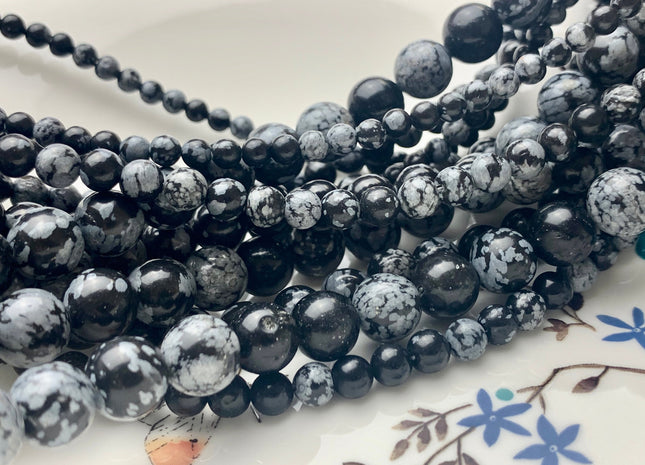 4mm 6mm 8mm 10mm AAA Smooth Round Snow Flake Jasper Gemstone Beads Natural Black Gray Round Snow Flake Jasper 15 Inches Strand #3049