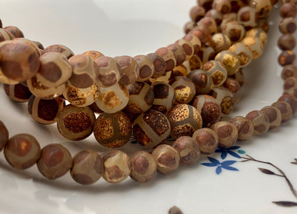8mm 10mm 12mm AAA DZI Tibetan Agate Faceted Round Multi Brown Etched Agate Gemstone Matte Football Mala Antique Boho Beads 15 Inches #3038