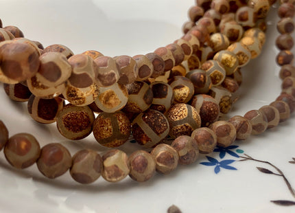 8mm 10mm 12mm AAA DZI Tibetan Agate Faceted Round Multi Brown Etched Agate Gemstone Matte Football Mala Antique Boho Beads 15 Inches #3038