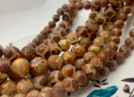 8mm 10mm 12mm AAA DZI Tibetan Agate Faceted Round Multi Brown Etched Agate Gemstone Matte Football Mala Antique Boho Beads 15 Inches #3038