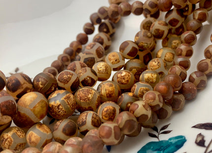 8mm 10mm 12mm AAA DZI Tibetan Agate Faceted Round Multi Brown Etched Agate Gemstone Matte Football Mala Antique Boho Beads 15 Inches #3038