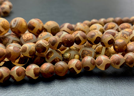 8mm 10mm 12mm AAA DZI Tibetan Agate Faceted Round Multi Brown Etched Agate Gemstone Matte Football Mala Antique Boho Beads 15 Inches #3038