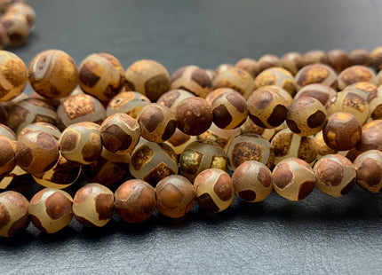 8mm 10mm 12mm AAA DZI Tibetan Agate Faceted Round Multi Brown Etched Agate Gemstone Matte Football Mala Antique Boho Beads 15 Inches #3038