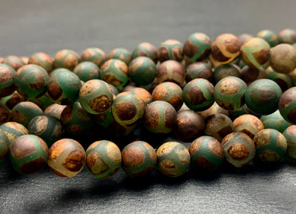 8mm 10mm DZI Tibetan Agate Faceted Round Dark Brown And Green Etched Agate Gemstone Matte Football Mala Antique Boho Beads 15 Inches #3045