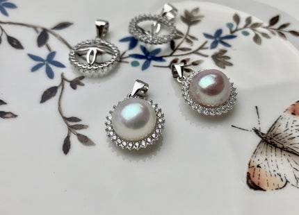 One Piece 925 Sterling Silver Pendant Setting Findings For Half Drilled Pearls Circle Shape Design W/CZ Sterling Silver Pendant #10046-A