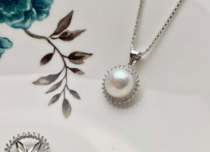 One Piece 925 Sterling Silver Pendant Setting Findings For Half Drilled Pearls Circle Shape Design W/CZ Sterling Silver Pendant #10046-A