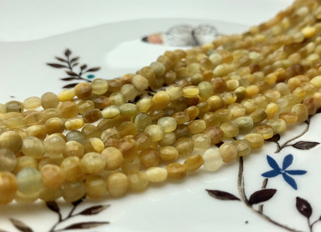 4mm Micro Faceted Diamond Cut Golden Color Tiger Eye Flat Coin Disc Shape Genuine Tiger Eye Gemstone Beads 15.5 Inches Strand #3083