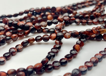 4mm 6.5mm Micro Faceted Diamond Cut Mahogany Red Color Tiger Eye Flat Coin Disc Shape Genuine Tiger Eye Gemstone Bead 15.5 Inches #3084