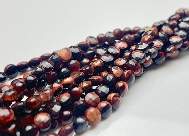 4mm 6.5mm Micro Faceted Diamond Cut Mahogany Red Color Tiger Eye Flat Coin Disc Shape Genuine Tiger Eye Gemstone Bead 15.5 Inches #3084