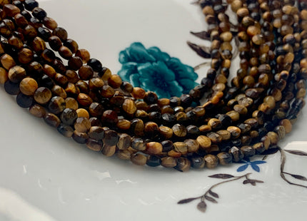 4mm Micro Faceted Diamond Cut Yellow Color Tiger Eye Flat Coin Disc Shape Genuine Tiger Eye Gemstone Beads 15.5 Inches Strand #3058