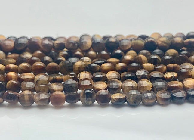 4mm Micro Faceted Diamond Cut Yellow Color Tiger Eye Flat Coin Disc Shape Genuine Tiger Eye Gemstone Beads 15.5 Inches Strand #3058