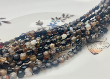 4mm Micro Faceted Diamond Cut Black Color Agate Flat Coin Disc Shape Genuine Agate Gemstone Beads 15.5 Inches Strand #3063
